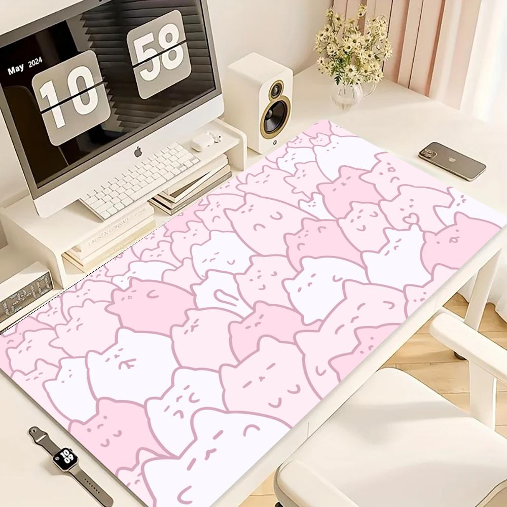 Desk Setup Art - ゲーミングマウスパッド、大型デスクマット、滑り止めゴムベース、ステッチエッジ、オフィスやゲーミングセットアップに最適なキュートなピンクと白の猫柄アート