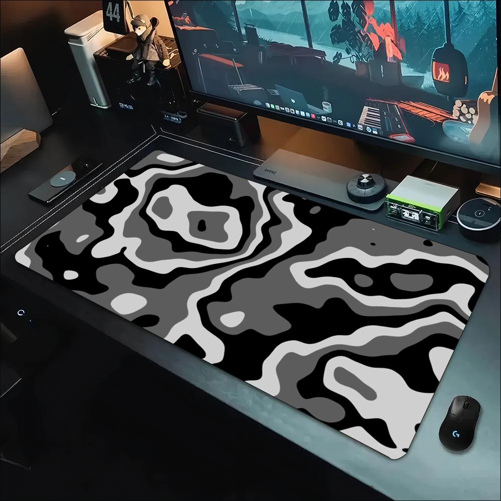 Work Desk Home Setup - デスクマット グレー ホワイト 地形学模様 スワールプリント ステッチエッジ