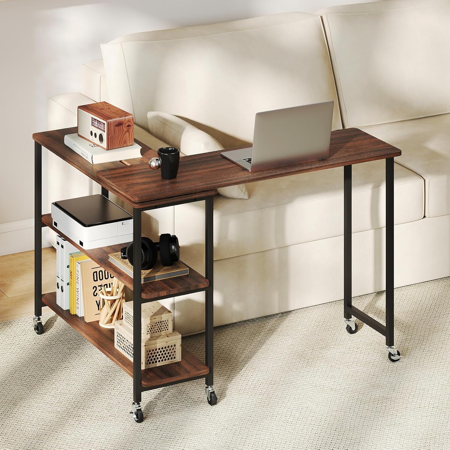 Desk Setup Notebook - 360 ° 回転式サイドテーブル、2段棚と6つのキャスター付き、ソファ、スナック、ノートパソコン用、ウォールナット、カスタマイズ可能