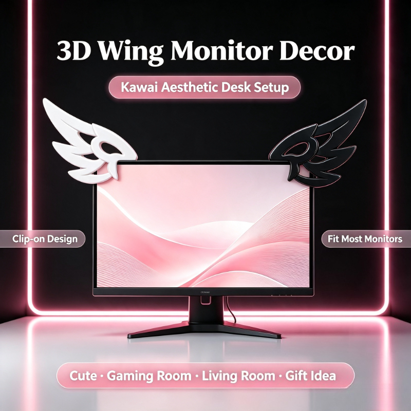 Desk Setup Accessories Aesthetic - かわいい3Dウィングデコレーション、コンピューターモニター用、美的eスポーツデスクセットアップオーナメント、キュートなデスクトップアクセサリー＆女の子へのギフト