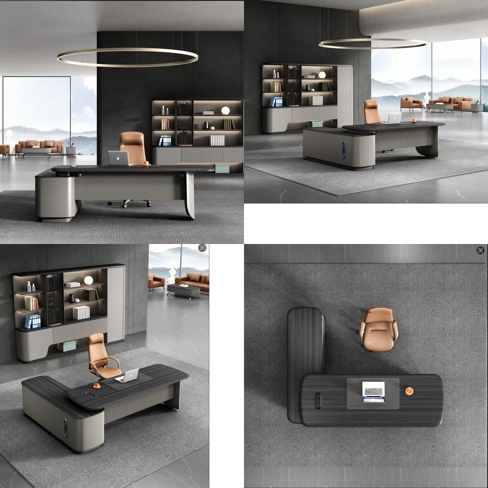 Work Desk Home Setup - モダンな高級エグゼクティブL字型デスク、サイドテーブル付き、ホームオフィスワークステーション、リモートワークセットアップ、人間工学に基づいたデザイン