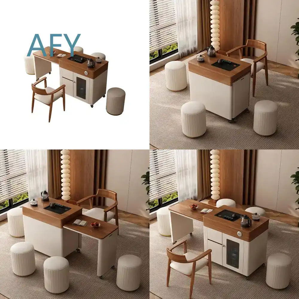 Desk Setup Small Room - 無垢材のモバイルテーブルと椅子の組み合わせ、ホームオフィスデスクセットアップ、ラップトップワークステーション、学習室、小スペース向け