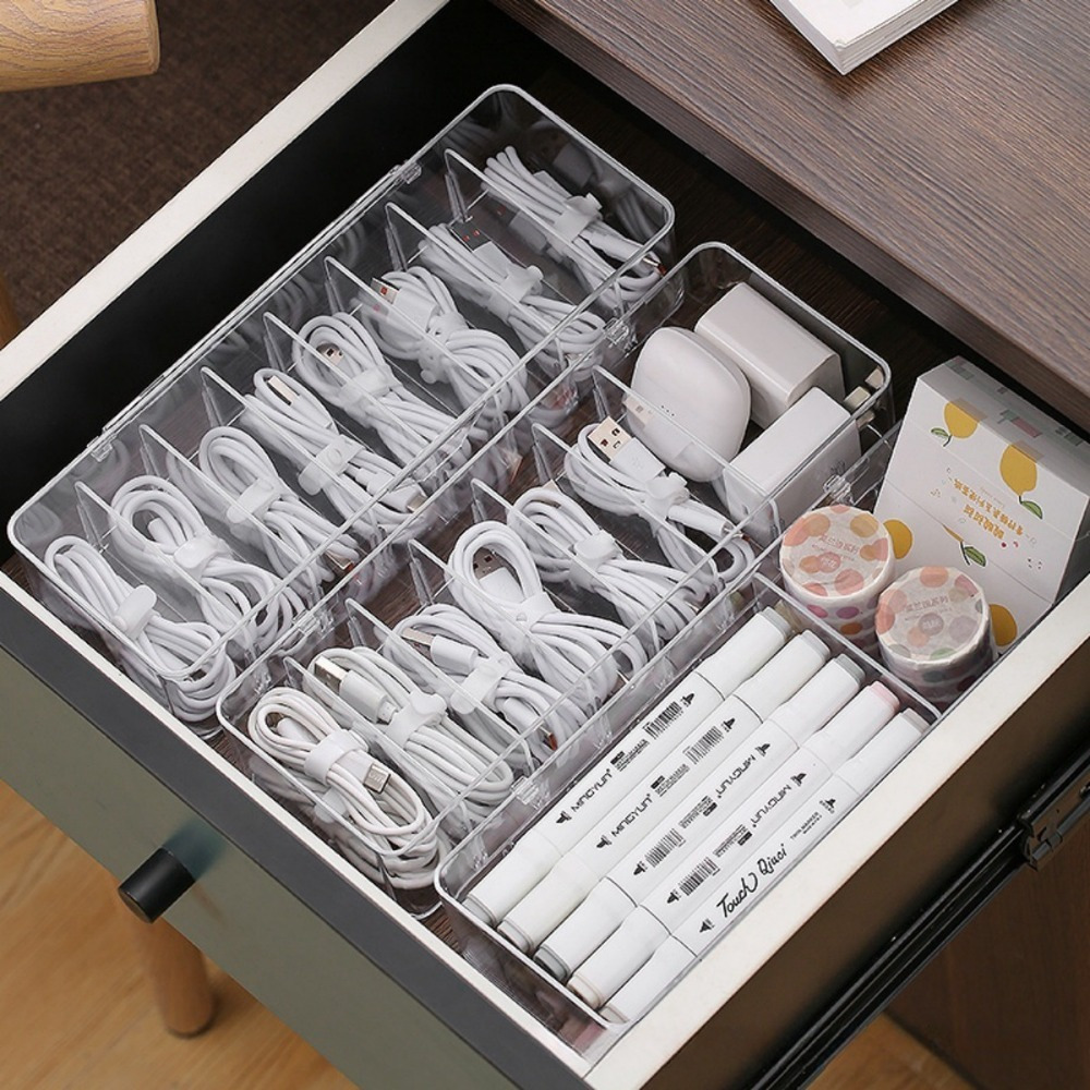 Desk Drawer Unit - 多機能ケーブルオーガナイザー、充電器やイヤホン用のタイ付き透明収納ボックス、省スペースデスク引き出しオーガナイザー