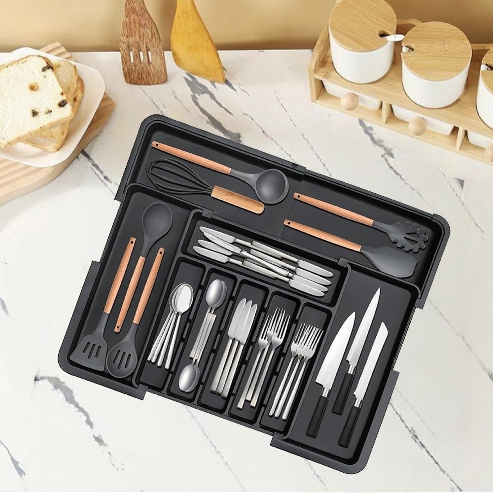 Desk Drawer Unit - 格納式引き出し収納トレイ パーティションデザイン ナイフホルダー付きプラスチック食器トレイ 大容量カトラリーオーガナイザー