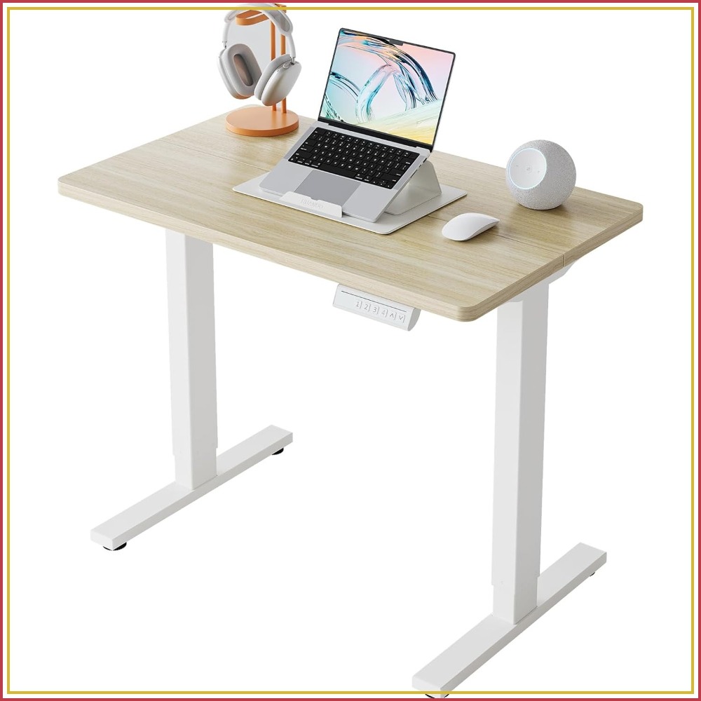 Desk Setup Height - 小型電動スタンディングデスク、高さ調節可能、4つのメモリ設定、ホームオフィス用シットスタンドアップデスク、ライトウォールナット、高さ範囲28.3～46.5インチ、耐荷重176ポンド