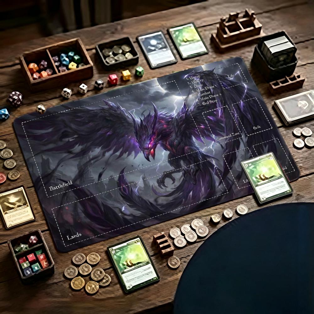 Desk Setup Dark - ダークパープルフェニックスプレイマットTCGカードゲームマット大型マウスパッド滑り止めゴムベーストレーディングカードゲームデスクマットMTGボードゲーム用