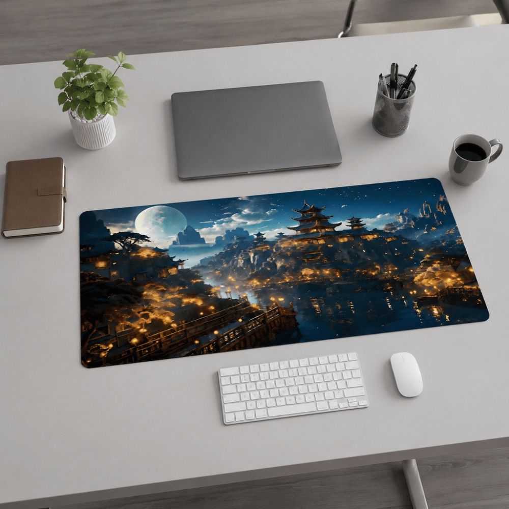 Desk Setup For Work - オリジナルのファンタジーな夜の街の月プリントの細長いテーブルマット。 オフィス、ホームオフィスデスク、仕事やゲームのセットアップに適しています。