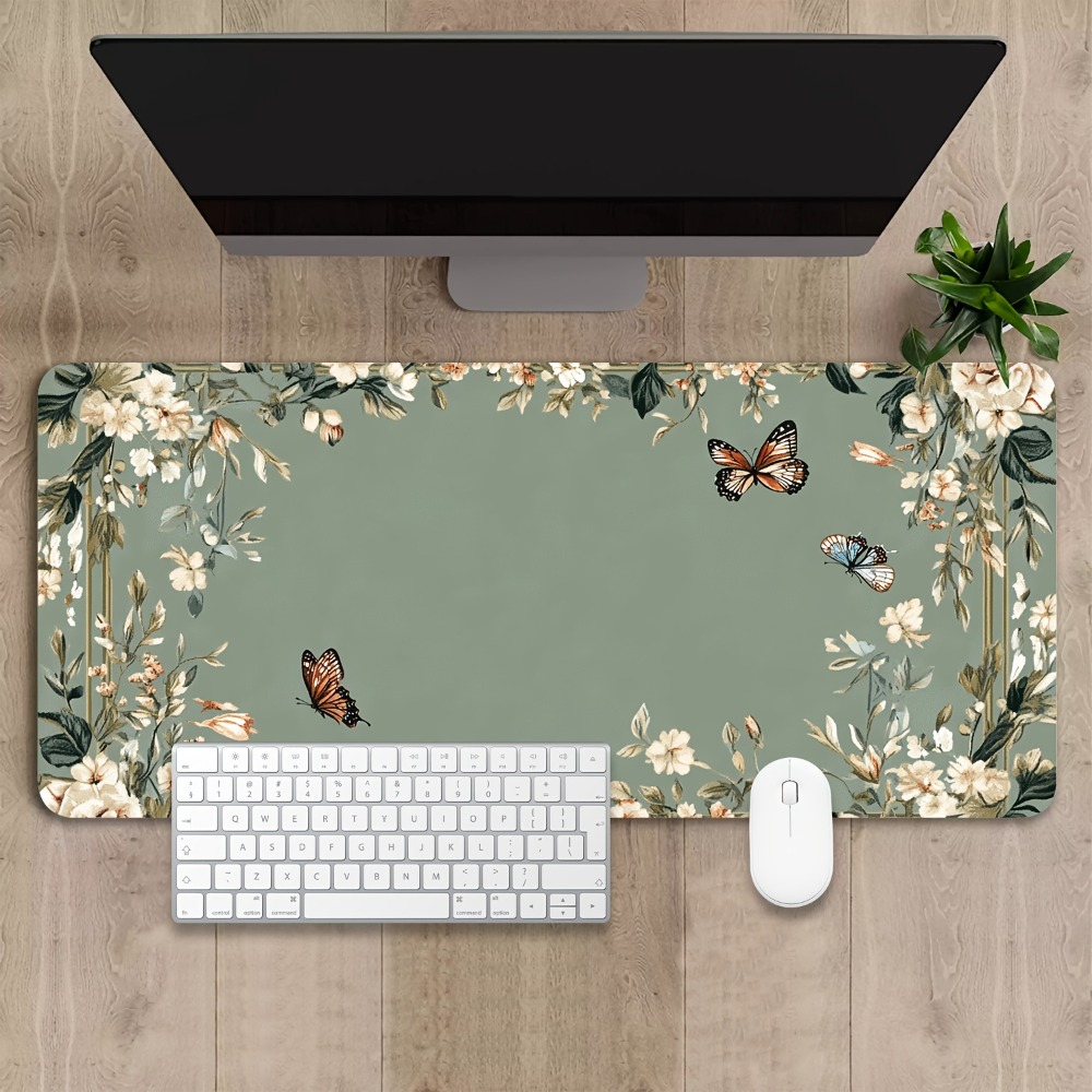 Desk Setup Art - 蝶の模様と緑の花柄の植物柄テーブルマット、デコレーションセットアップ、ゲーマーデスクオーガナイザー、トレイ、タピス・デ・ソーリス