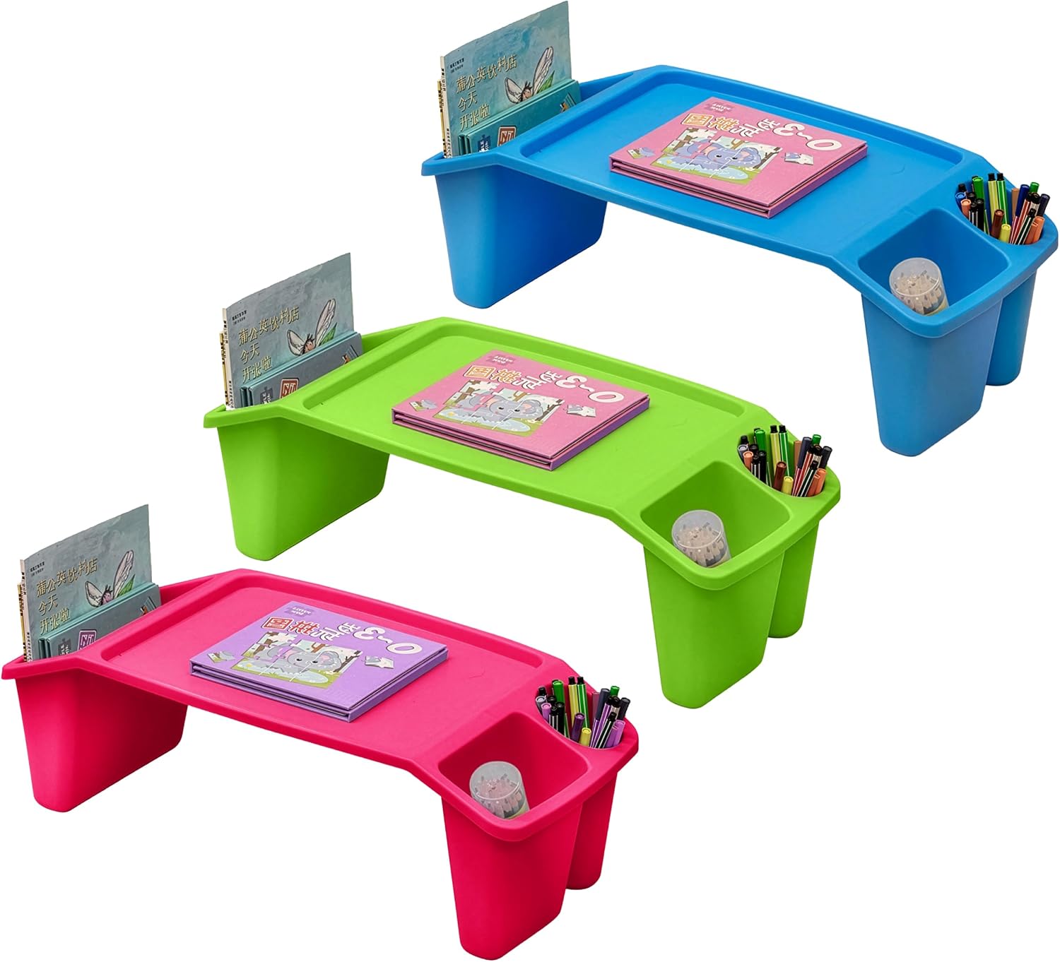 Desk Setup Art - 3個セットのポータブルラップデスク、クレヨン、マーカー、画材用のサイド収納付き、軽量プラスチック製アクティビティトレイテーブル | 各サイズ23 x 12 x