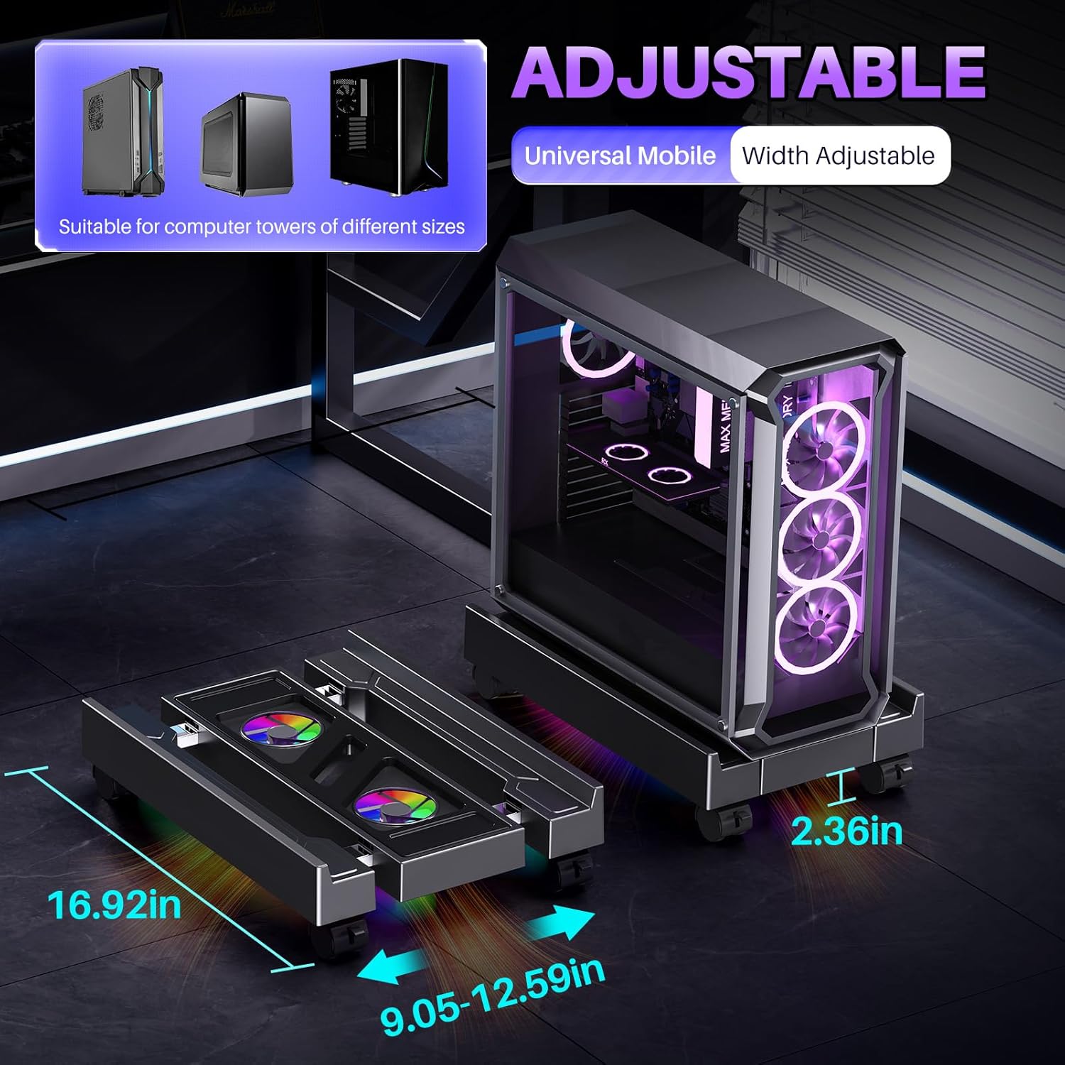 Desk Setup Rgb - 調整可能なコンピューターCPUホルダー、伸縮式デスクトップスタンド、RGBクーラーファンとライト付き、デスク下モバイルPCタワー用スタンド