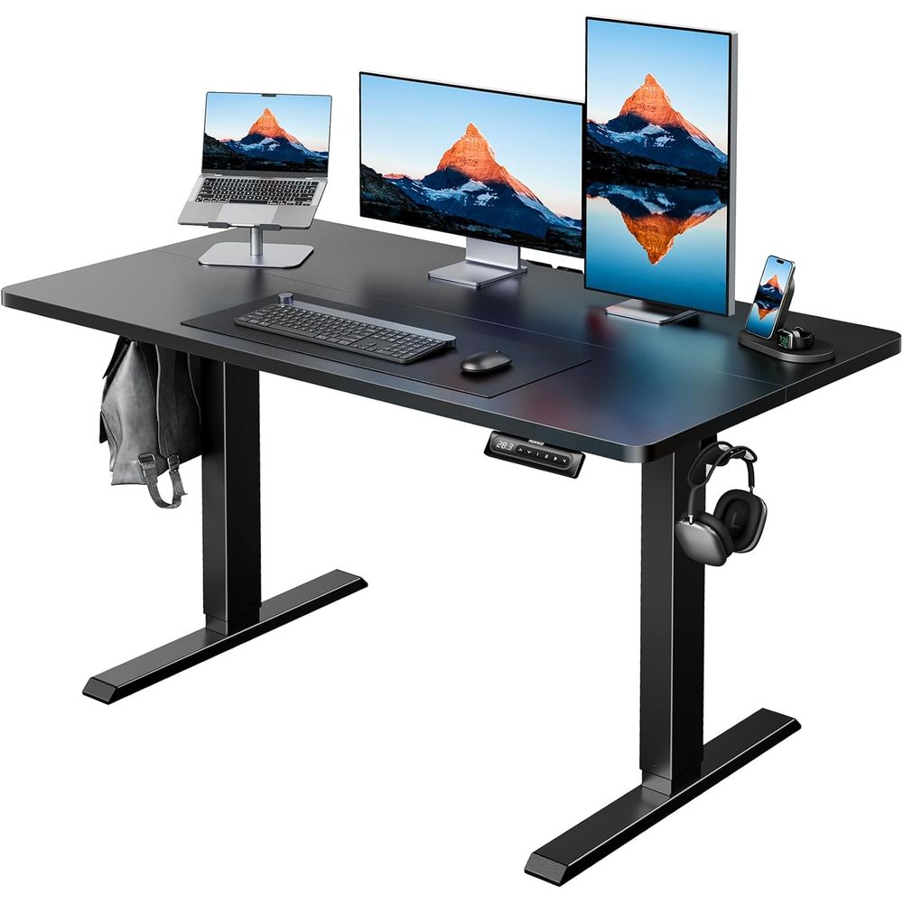 Desk Setup Height - 電動スタンディングデスク、47 x 28インチ高さ調整可能デスク、4つのメモリ高さ設定、座って立つ両用デスクまたはホームオフィス用、ペグ付き