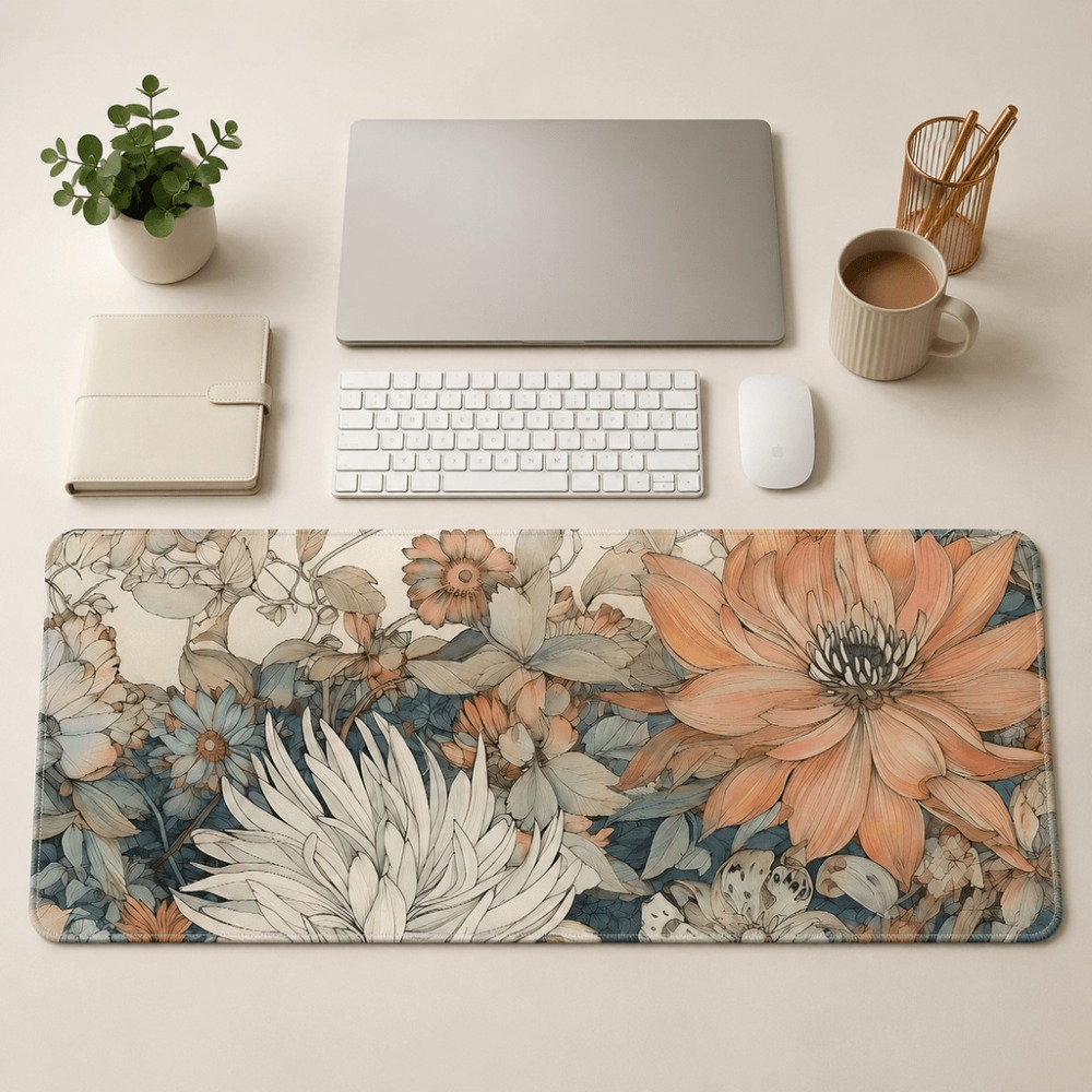 Desk Setup For Work - レトロな花柄のテーブルマット、植物や花のプリントが特徴で、女性やデスクユーザーに最適、ノートパソコンのワークセットにも適しています。