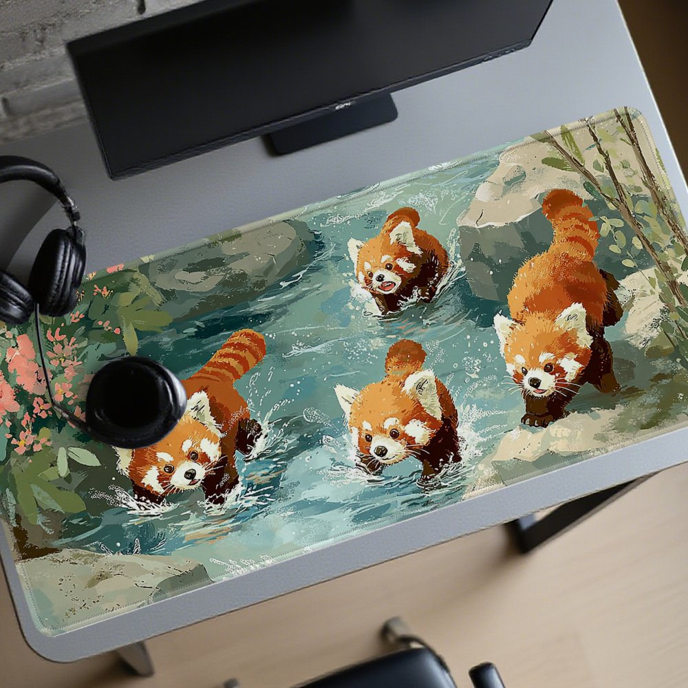 Desk Setup Streaming - 4匹のレッサーパンダが小川で遊ぶXXLデスクパッド、耐久性のあるゴム製ゲーミングマウスパッド（オフィスセットアップ用）