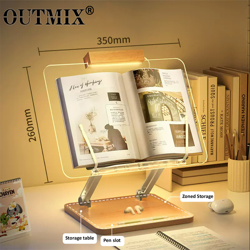 Desk Setup Lighting - 木製読書スタンド ライト付き 透明アクリル 多機能リフティングタブレットホルダー ラップトップブラケット デスクトップ収納本棚