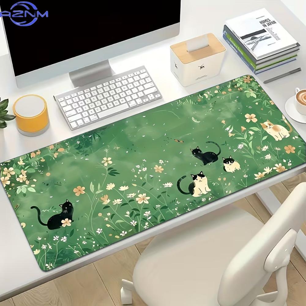 Desk Setup For Work - 花柄のかわいい猫柄大型ゲーミングマウスパッド、滑り止めゴムロックエッジ、拡張デスクマット、ゲーマー、オフィス、ノートパソコン、デスクトップワークセットアップ用