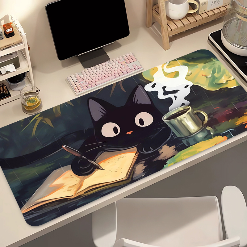Desk Setup Kawaii - かわいい黒猫シリコンソフトゲーミングマウスパッド大型キーボードパッド地形マウスパッドキーボード用滑り止めテーブルマット付き
