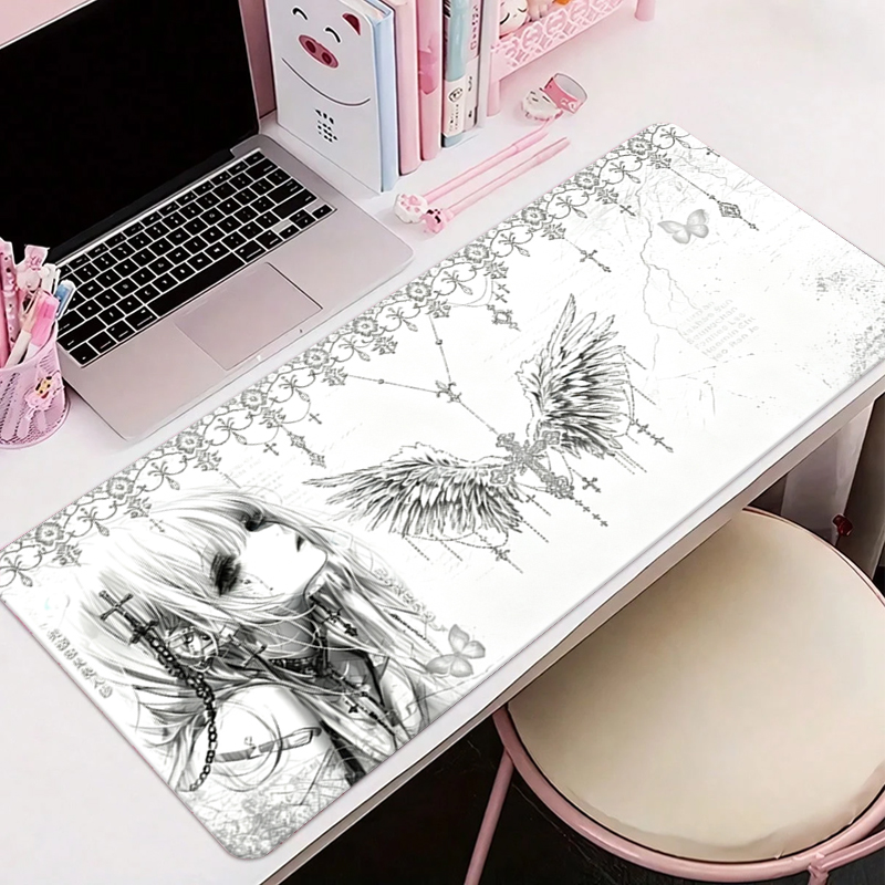Desk Setup Accessories Aesthetic - レザーマウスパッド黒白アニメ美学エンジェルガールマウスパッドオフィスアクセサリーPCゲームキーボードEスポーツHDデスクマット