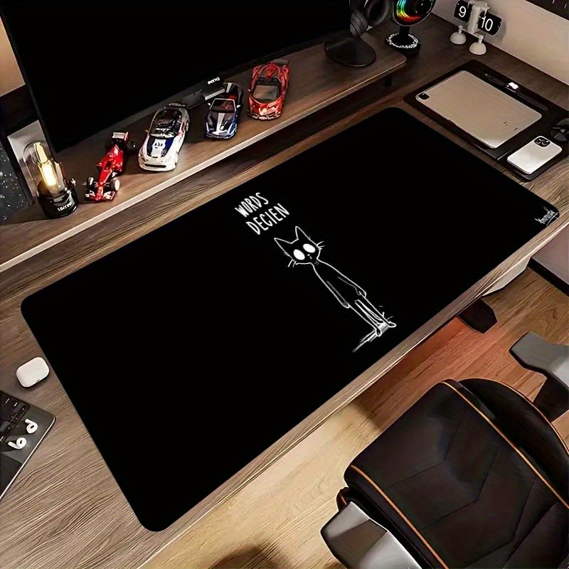 Desk Setup For Work - 面白いスケッチ猫の言葉デシエンブラック拡張ゲーミングマウスパッド耐久性のあるゴム製滑り止めデスクマットオフィスワークセットアップ用