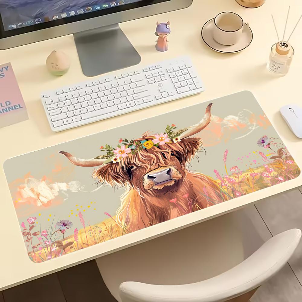 ヴィンテージハイランドカウ柄ゲーミングマウスパッド、滑り止め - Desk Setup Vintage のレビューと価格