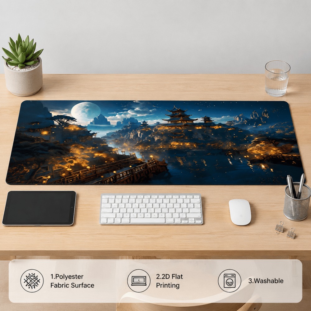 オリジナルのファンタジーな夜の街の月プリントの細長いテーブル - Desk Setup For Work のレビューと価格