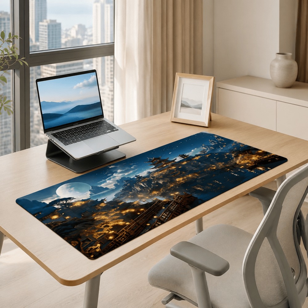 オリジナルのファンタジーな夜の街の月プリントの細長いテーブル - Desk Setup For Work のレビューと価格