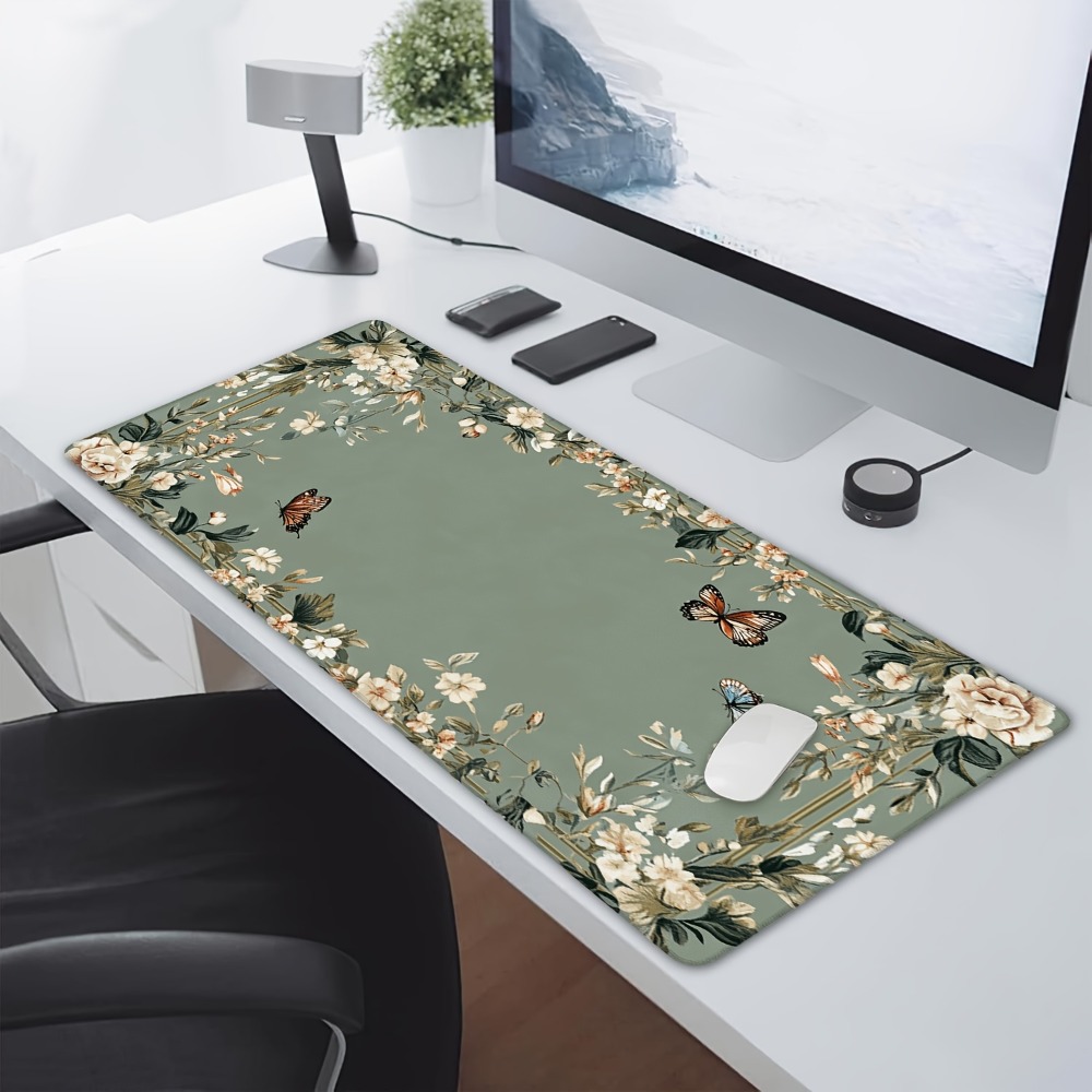 蝶の模様と緑の花柄の植物柄テーブルマット、デコレーションセッ - Desk Setup Art のレビューと価格