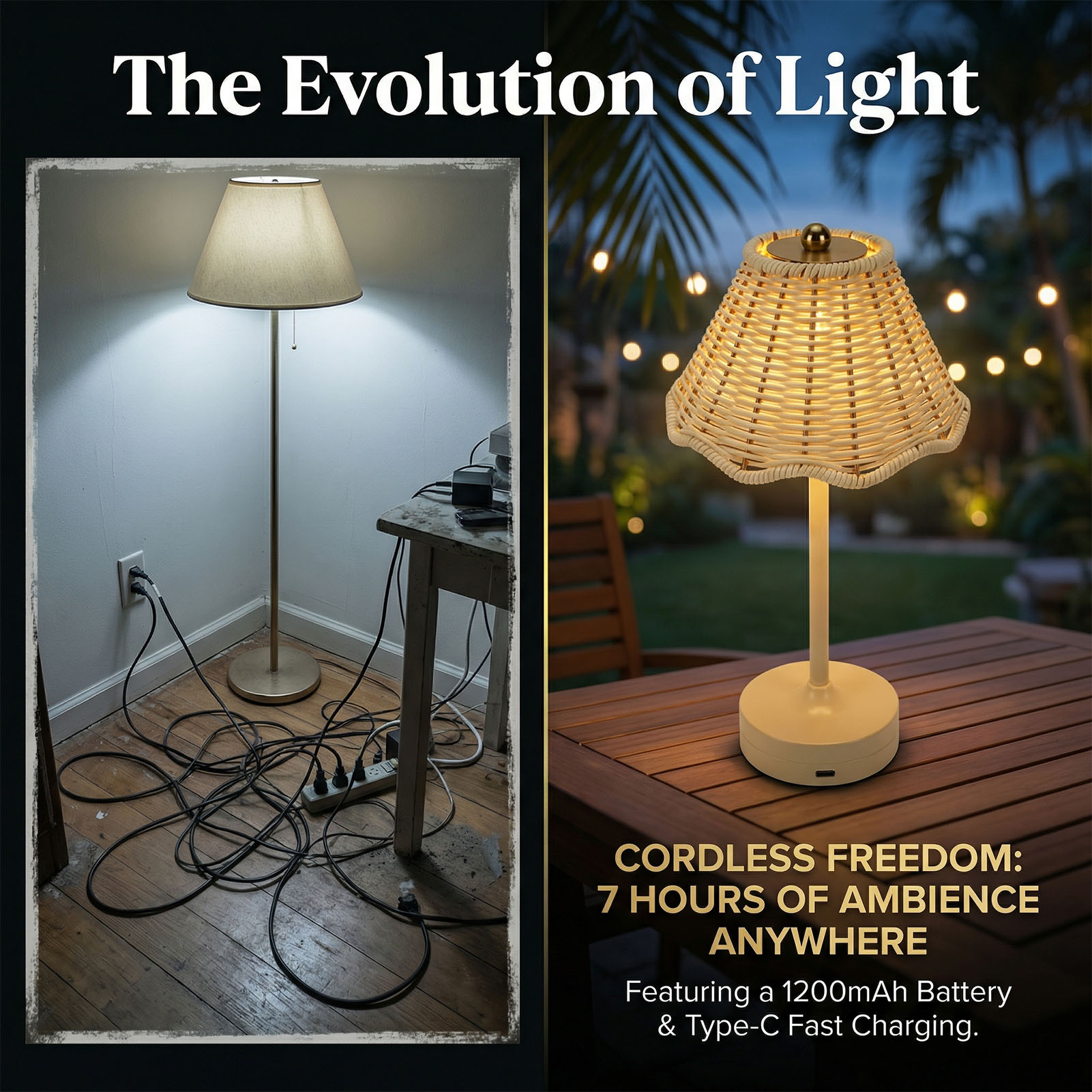 LED ヴィンテージ籐テーブルランプ 3 色コードレス籐シェ - Desk Setup Vintage のレビューと価格