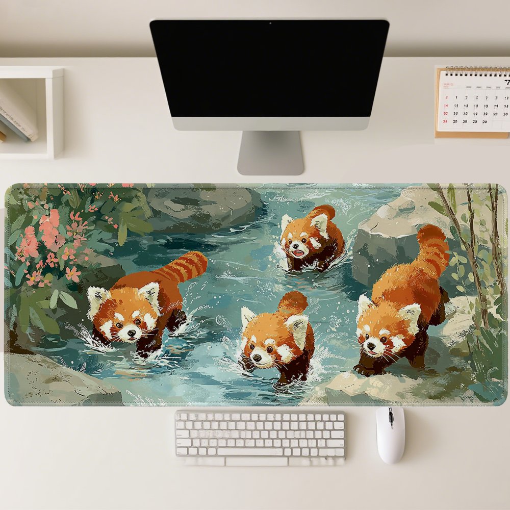 4匹のレッサーパンダが小川で遊ぶXXLデスクパッド、耐久性の - Desk Setup Streaming のレビューと価格