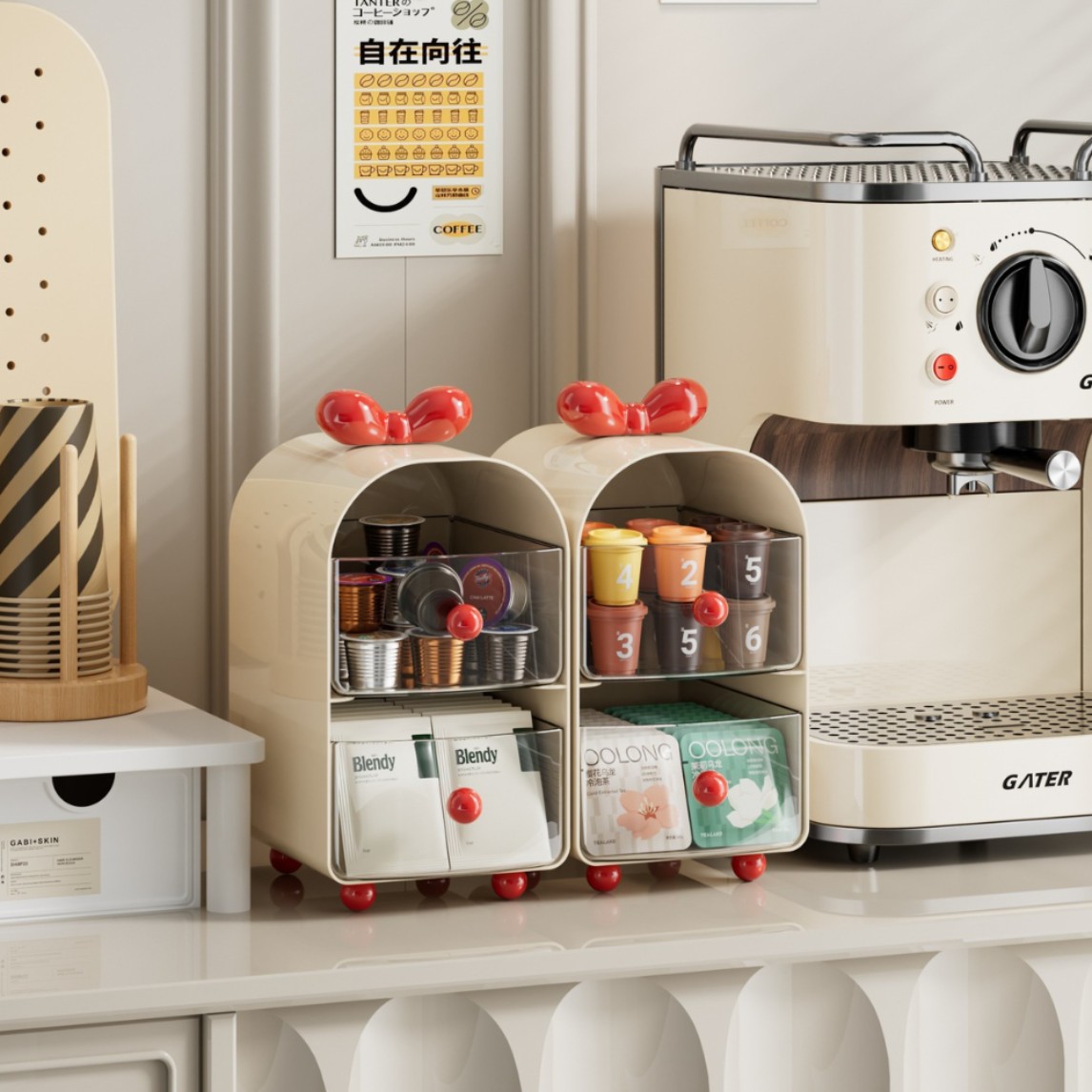 クリーミーカラーコーヒーカプセルオーガナイザー、2段引き出し - Desk Drawer Unit のレビューと価格